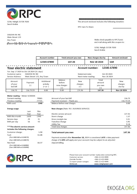 Arabie Saoudite Rabigh Power Company facture de services publics, modèle Word et PDF